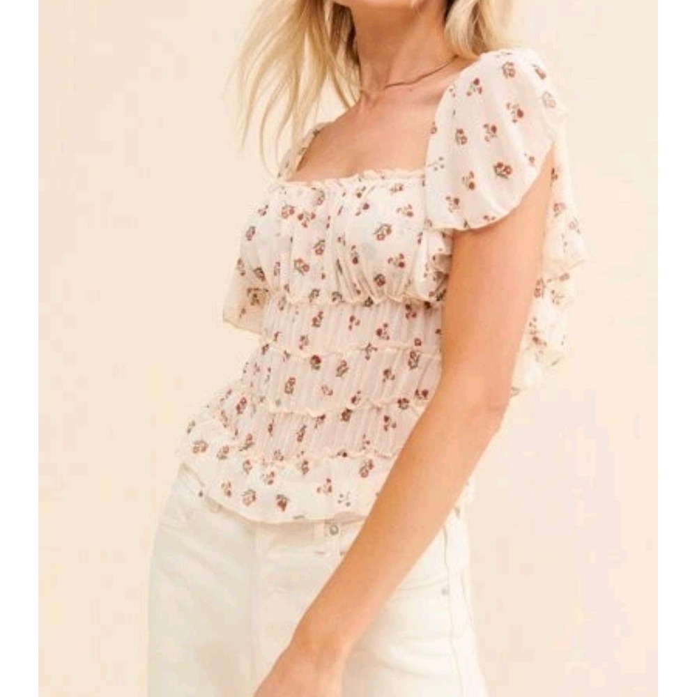 Intimately Free People Juliet Ruffled Floral Bodysuit Ivory Small Polyester